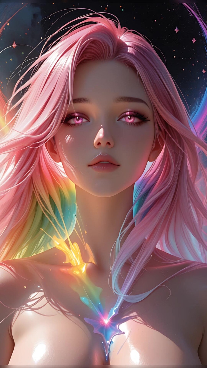 VelvetInk Studio: 虹の宇宙の美しさと輝くピンクの瞳 ファンタジーポートレートAIアートスライドショー
