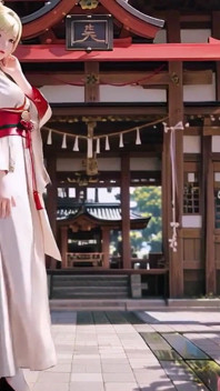 Blonde Kimono Girl's Shrine Secret! Kneeling Under the Torii Gate in a Beige Modified Kimono