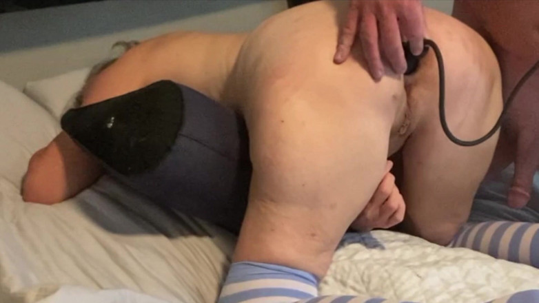Squirting Senior: Big Ass Mature Wife Bent Over Inflatable Butt Plug Inserted