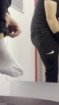 Young Boy in Thong Trying on New Pants, Sweet Ass and Popping Penis