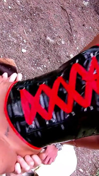 Tied up man outdoor seduced by two horny skinny girls to have sex