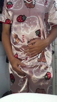 Masturbating Wearing Girl Satin Pajamas with Short Pants