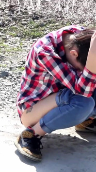 Desperate Girl with Full Bladder Has to Pee on a Dirt Road