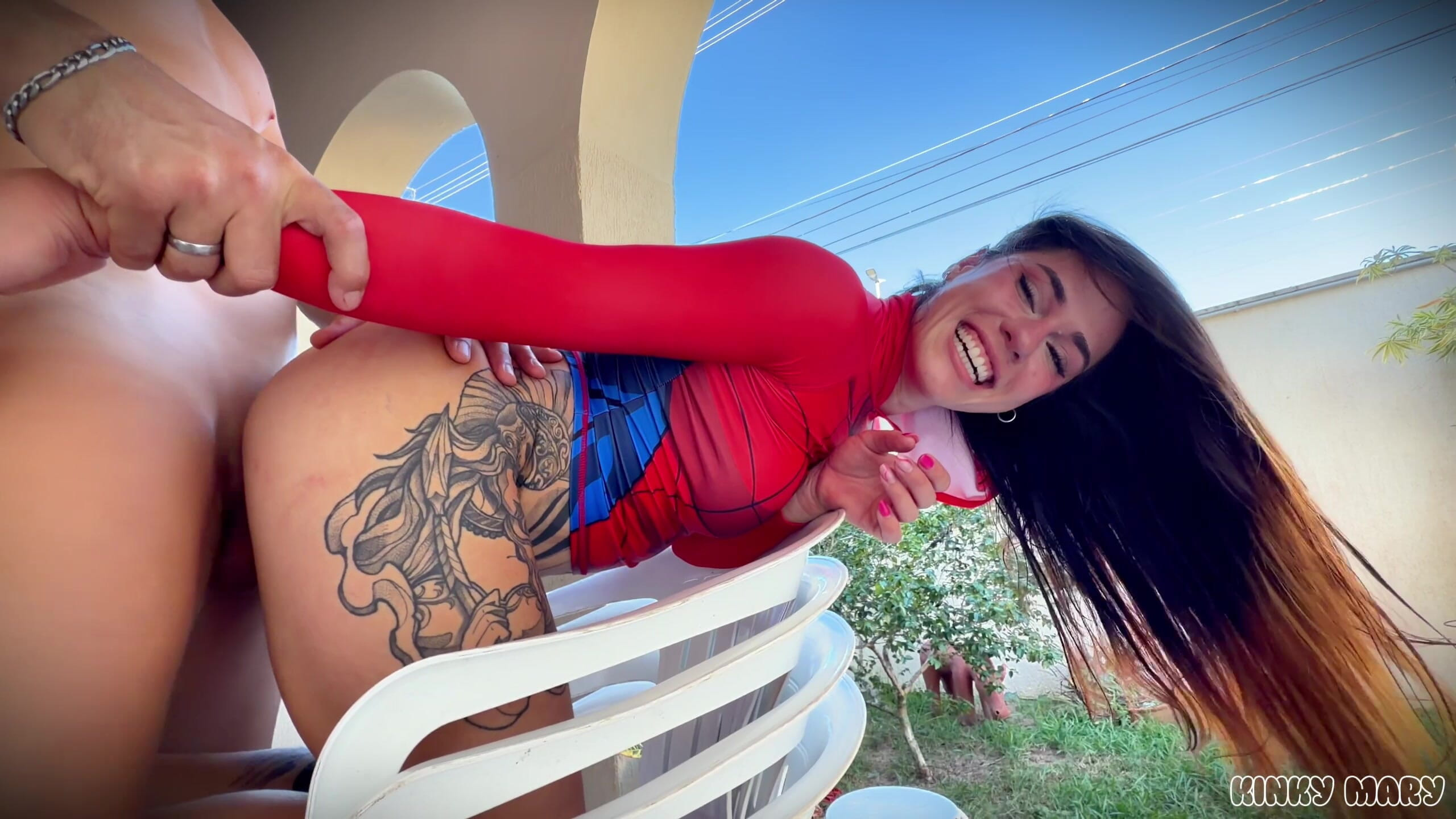 Spider-man Cosplay Threesome - Masked Throat, Outdoor Anal, Piss in Both Mouths