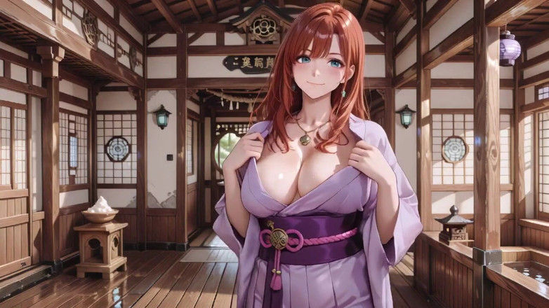 Tay Swift X: 红发和服女神！跪在神圣的鸟舍门下，她用害羞的目光调整她浸透的脱背衣服。