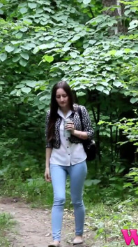 Skinny Brunette Full Bladder Pee Desperation and Pushing Her Pussy to Stop Her Pee in the Forest