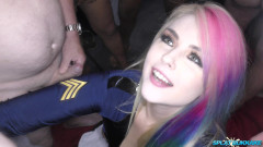 Bukkake team: Police Babe with Pink Hair Sucking and Jerking a Bunch...