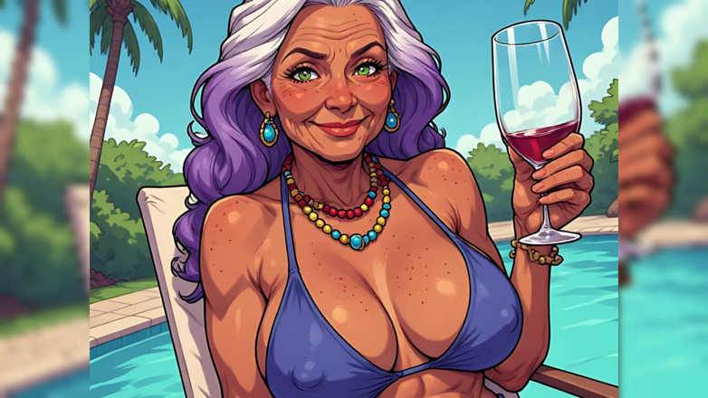 AI Porn: Sexy milf arte in topless a bordo piscina