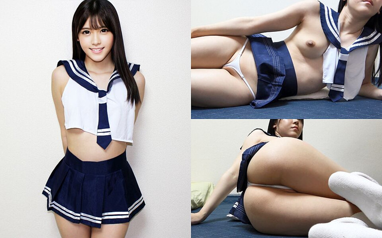 Girls Only Apartment in Japan, Skinny Girl Doing Seduce Fitness in Apron-type Mini Student Uniform, Thong Panties, White Socks (Gals apartment)