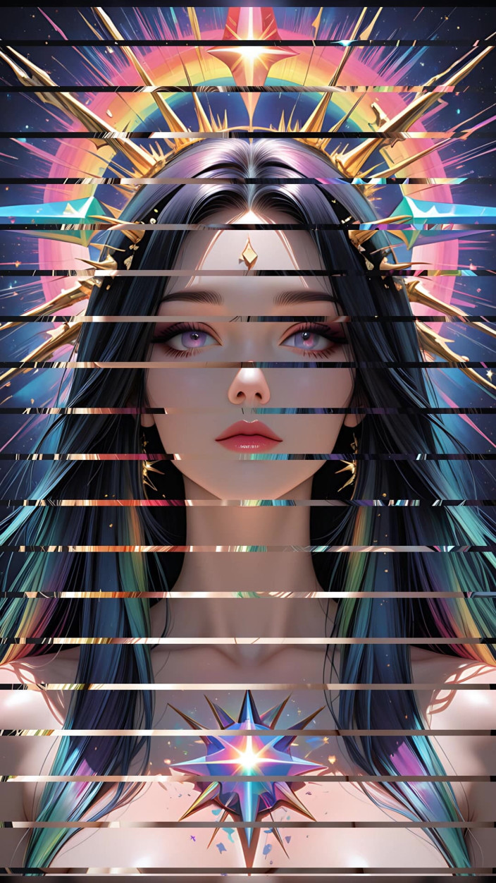 VelvetInk Studio: 레인보우 프리즘 스파이크 코스믹 판타지 뷰티 Ai 아트 슬라이드쇼의 그림자 오라클