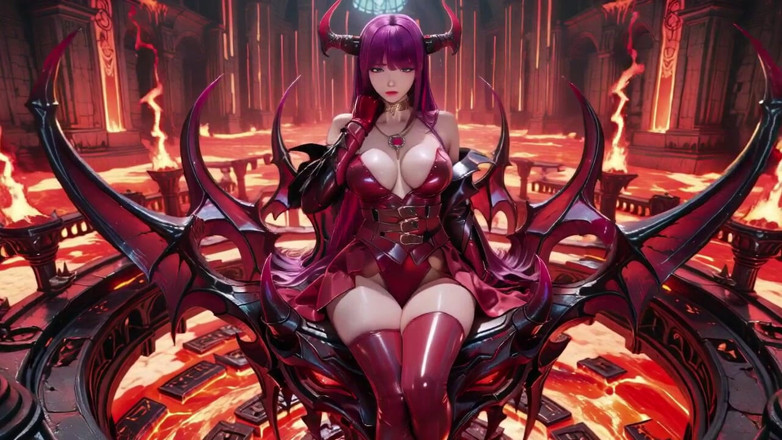 Seraphina Vale: Lilahaarige dämonenkönigin! ein verbotenes Fest auf dem Magma-Thron, rot-schwarze Rüstung...