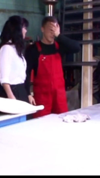 German milf with extremely hairy pussy fucks with trainee in the workshop
