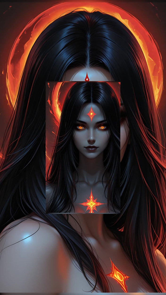 VelvetInk Studio: Shadow Assassin Warrior Woman with Jet Black Hair and Amber...