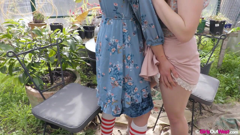 Girls Out West: Hot redhead and busty brunette lick and finger hairy cunts