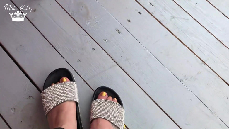 Goddess Misha Goldy: My new shiny slippers dangling everywere outdoor