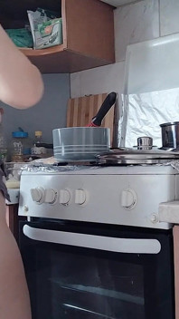 Sexy Naked Wife Preparing Food in the Kitchen. Hairy Brunette, Big Ass, Big Tits.