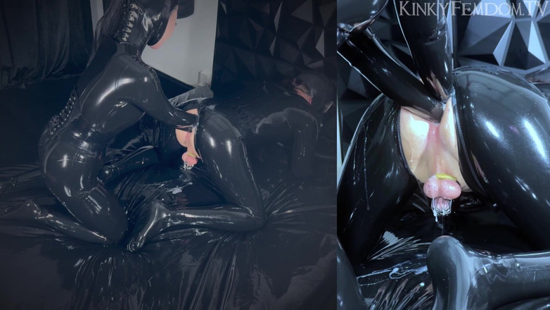 KinkyFemdomTV: Lateksowa maska gazowa podwójny fisting analny