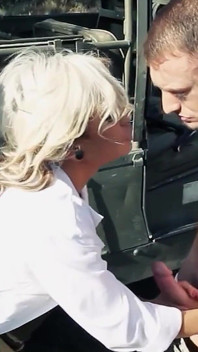 Blonde MILF Sarah Fucked by Threesome Soldiers Outdoors