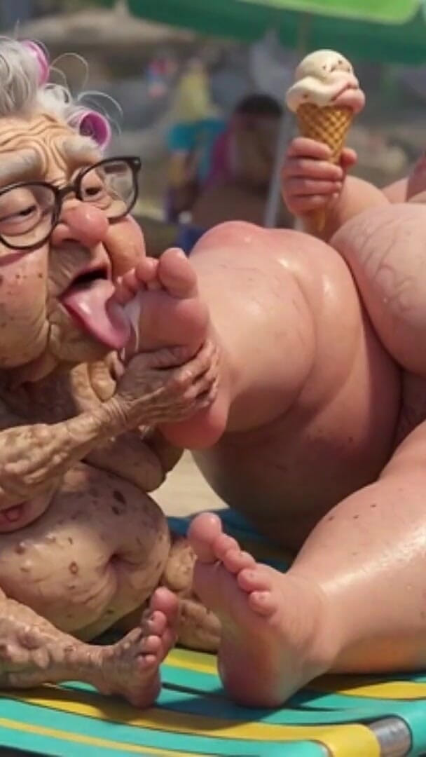Anime Hentai: Elderly Granny Passionately Sucking BBW Feet on the Beach