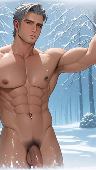 Mature Silver Fox Model Standing Nude in Glass House Winter Wonderland