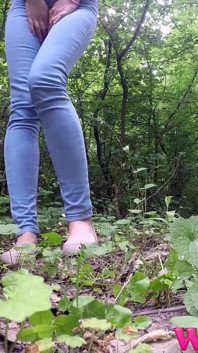 Skinny Brunette in the Woods Desperate to Pee Wet Her Pants