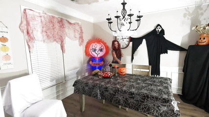 Little buff brunette: Sexy Halloween Chucky Rides a Huge Cock