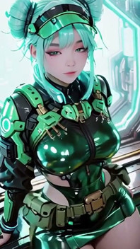 ¡La chica blindada verde! Valquiria de pelo plateado arrodillando y mirando la espalda, dedos trazando su traje metálico frío.