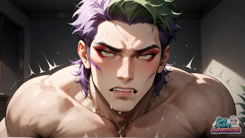 Gay Anime Adventures: A Torn Stud with Purple Spikes Lies on His Bed,...
