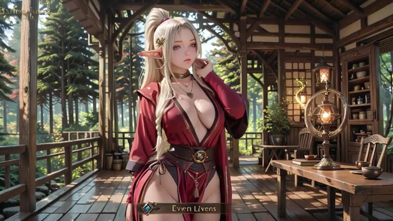 Seraphina Vale: 빨간 로브 엘프 마법사! 햇볕이 쬐는 포레스트 테라스, 즉시 녹아주는 무릎을 꿇고 시선