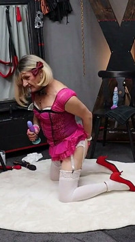 Sissy in Her Pink Dress Riding Many Different Dildos