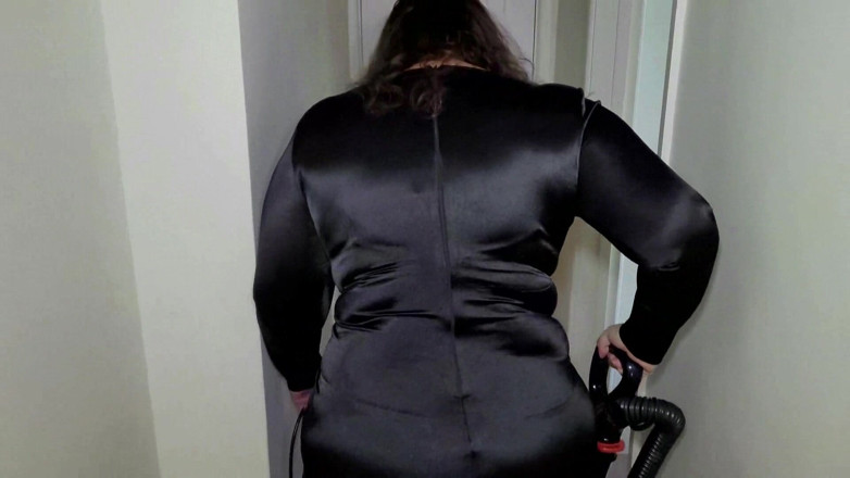Slutty Ms B: Satin dress and seamed stockings tease