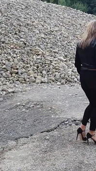 Grandma Is Walking Around a Gravel Pit in Tight Leggings and High Heels!