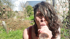 Outdoor dildo blowjob training