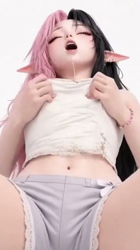 สาวเอลฟ์อนิเมะ 3D ผมสีชมพูและสีเข้ม กำลังช่วยตัวเองในห้องสีขาว