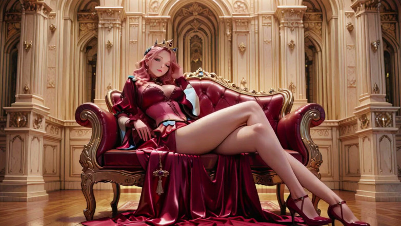 Seraphina Vale: Crimson Throne the Pink Queen's Coronation! Deep Red Silk, Golden...