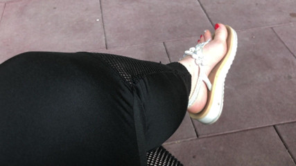Goddess Misha Goldy: Sandals teasing outdoor with red toenails & toes wiggling