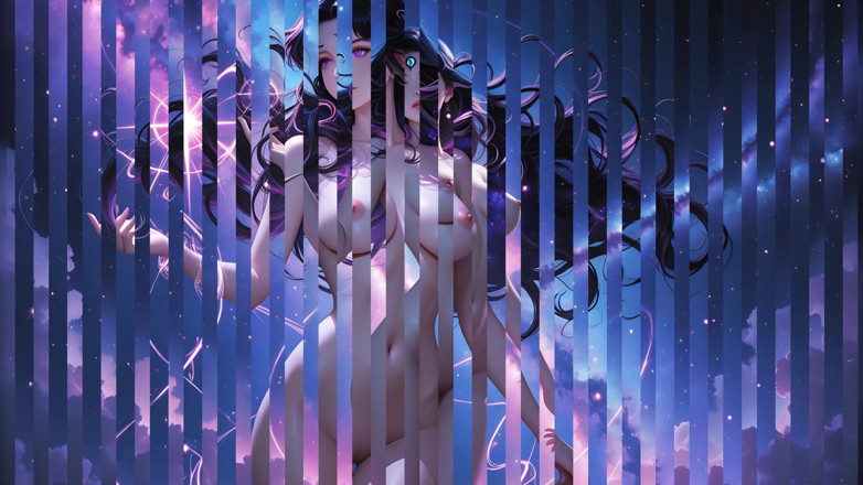 LustRender: Big Breasted Nude Lunar Woman in Swirling Nebula