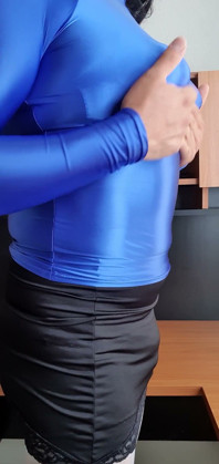 Modeling My Blue Spandex Blouse and Pointy Tits