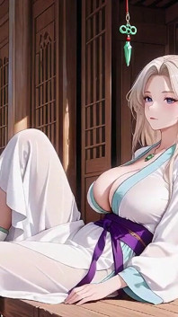 Cameriera bianca in kimono! Inginocchiata nel corridoio giapponese, enorme fessura che rivela cosce bagnate sotto il sole.