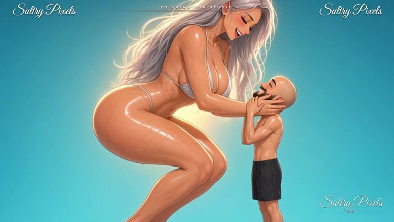 Sultry Pixels 3D: Giant Silver-haired Anime Babe Squats Down to Kiss Her Tiny...
