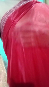 Indian Gay Crossdresser Bottom Gaurisissy Pressing Her Big Boobs and Feeling Horny in Red Saree with Heavy Jwellery