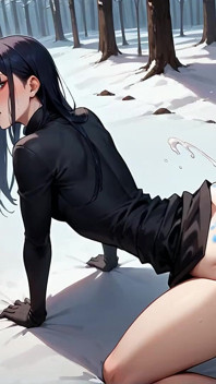 A Voluptuous Transgender Princess with Long Ebony Hair and Blue Highlights Gets Down on All Fours in a Snowy Forest