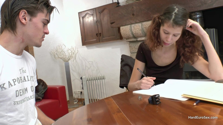Hard Euro sex: Thin Framed Hairless Teen Fucked While Doing Her Homework