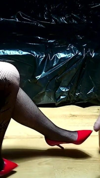 Sexy Red Dress & Red High Heels Extreme Ballbusting!