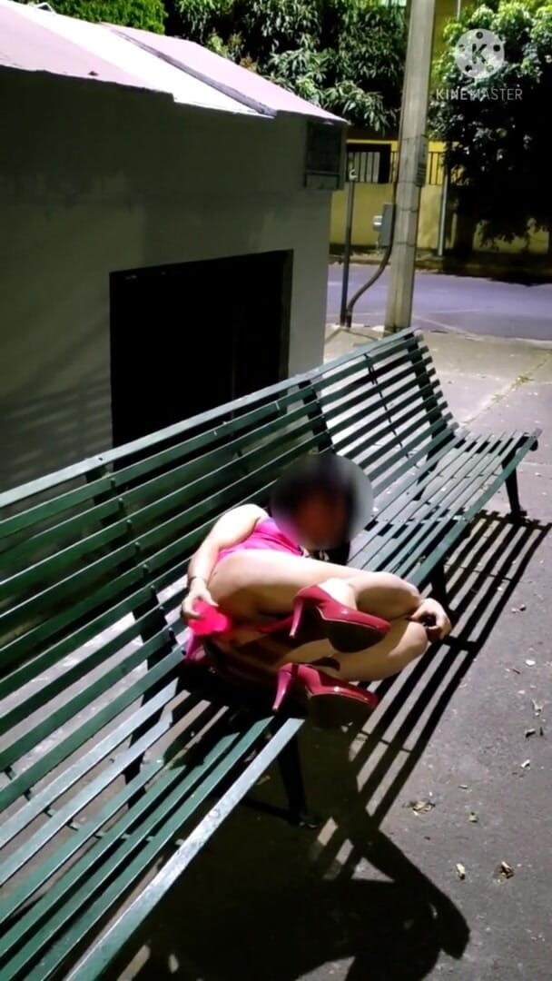 Traviezisha: 穿着贞操和放荡内衣的娘娘腔在夜间在公园里用假阳具自慰她的屁股。