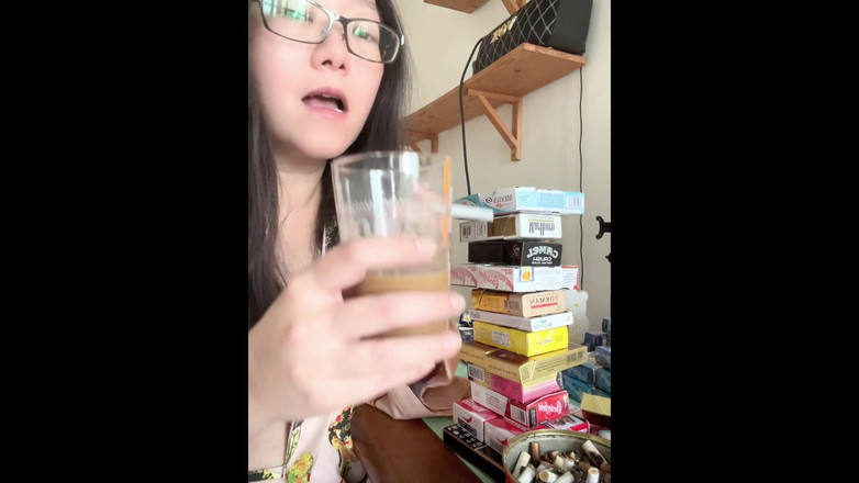 Smoking Asian: Smoking Asian MILF Stacking My Cigarette Tower + Impromptu Striptease