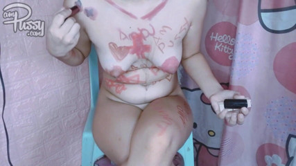 AmPussy: Asian girl drawing on her naked body with lipstick
