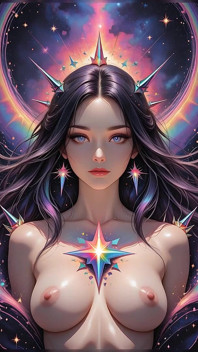 Shadow Oracle of the Void Storm con Rainbow Prism Spikes Fantasia Cosmica Ai Art presentazione
