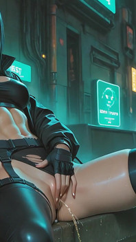 Cyberpunk Street Samurai Kobieta uwalnia długie potężne sikanie