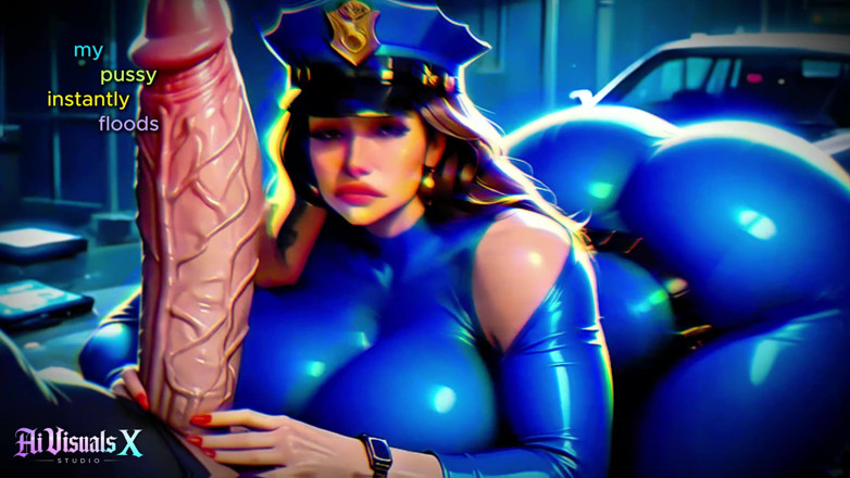 AI Visuals X: 巨乳の警察ミルフがモンスターのペニスを妄想しながらSPHをする(内なる独白ファンタジー)